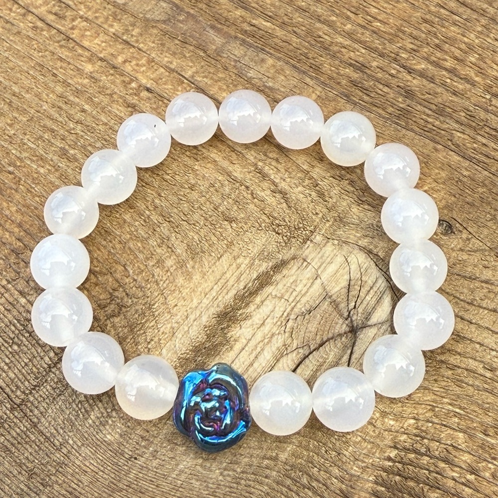 Opalite Beaded Bracelet with Blue Rose Accent focal bead